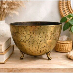 Vintage Brass Footed Bowl Etched Fish Motif Boho Decor Ornate India Brass Pedest
